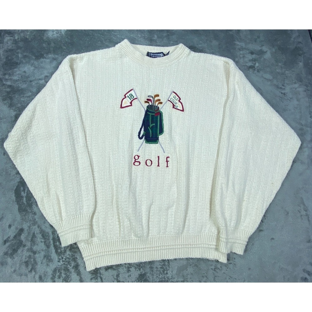 Vintage Scottish Isle Bernette Knit Sweater Mens Large Embroidered Golf Grandpa